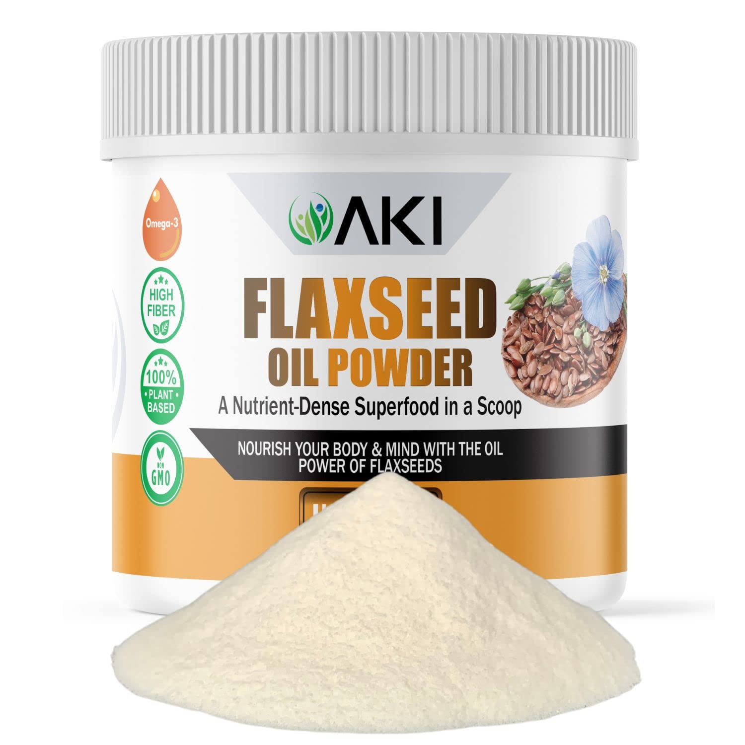 AKI Flaxseed Oil Powder bottle front label