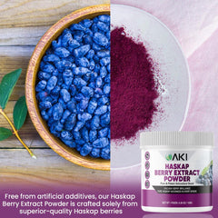Close-up of the AKI Haskap Berry Extract powder label