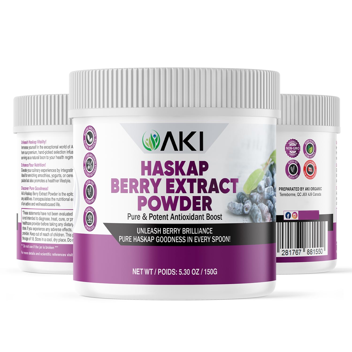 Tub of AKI Haskap Berry Extract Powder