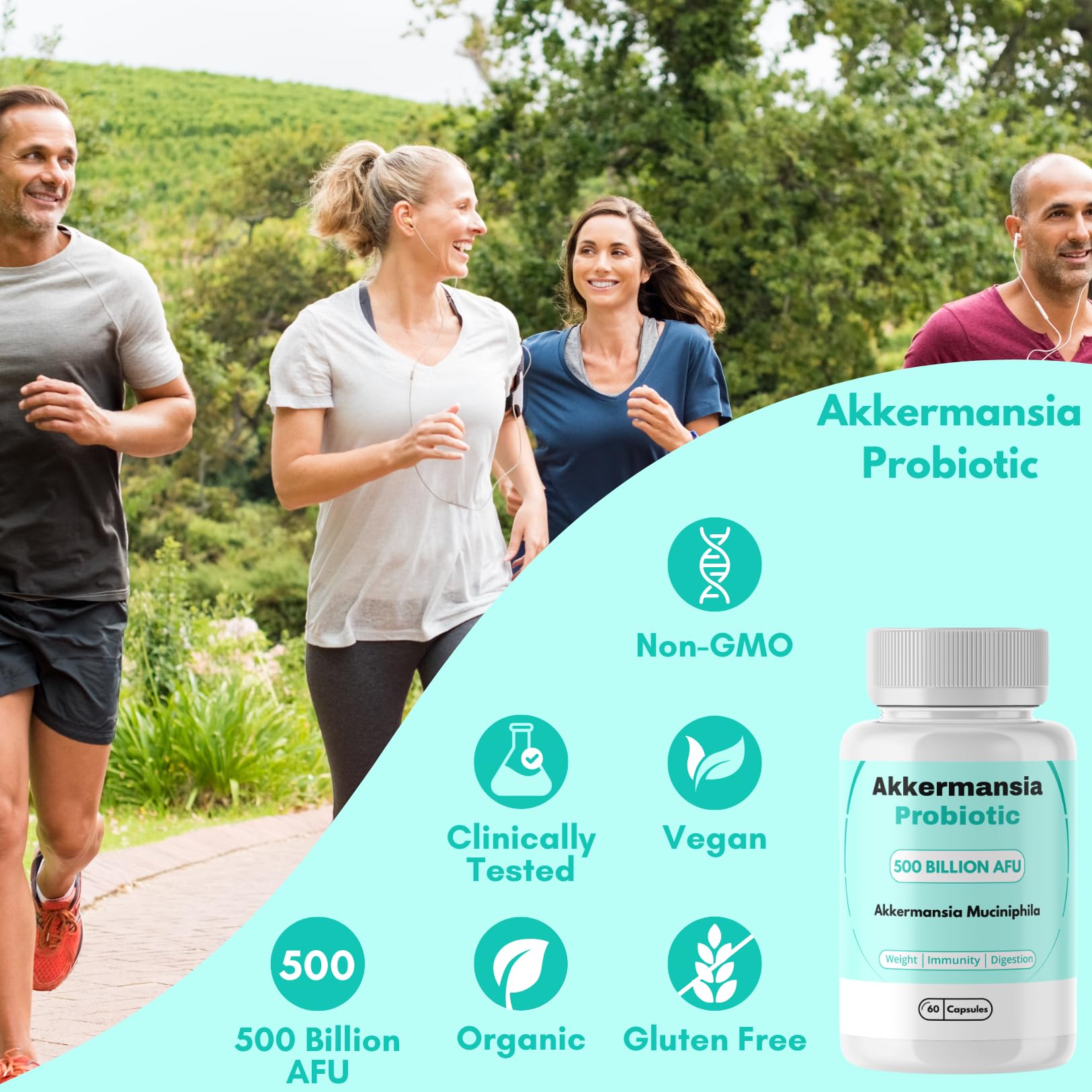 Front and back view of Akkermansia Probiotic bottle