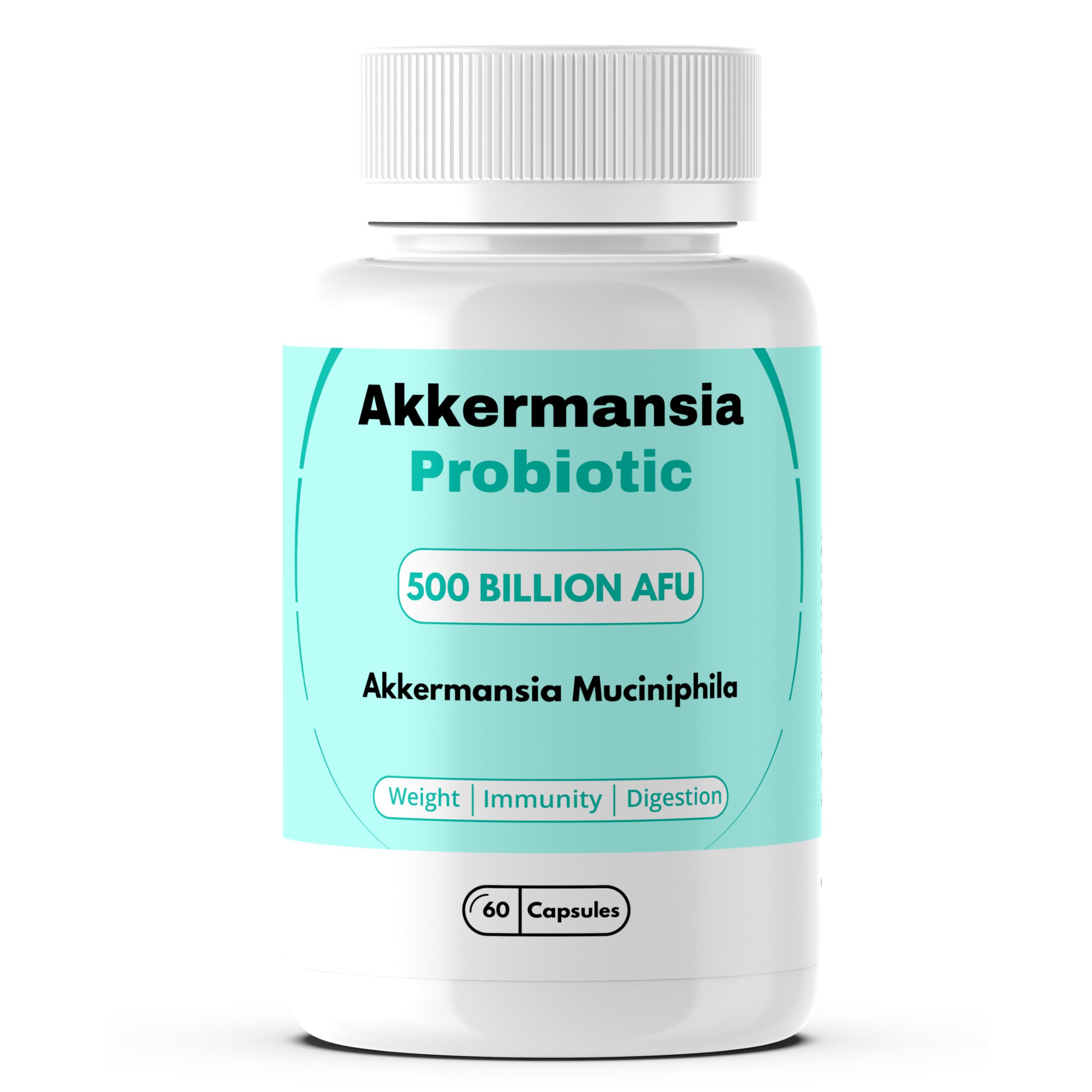 Bottle of Akkermansia Probiotic 500B CFU capsules with label