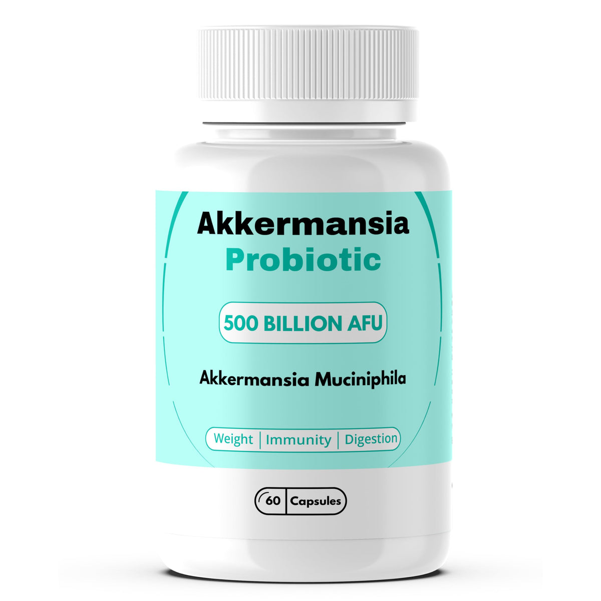 Bottle of Akkermansia Probiotic 500B CFU capsules with label