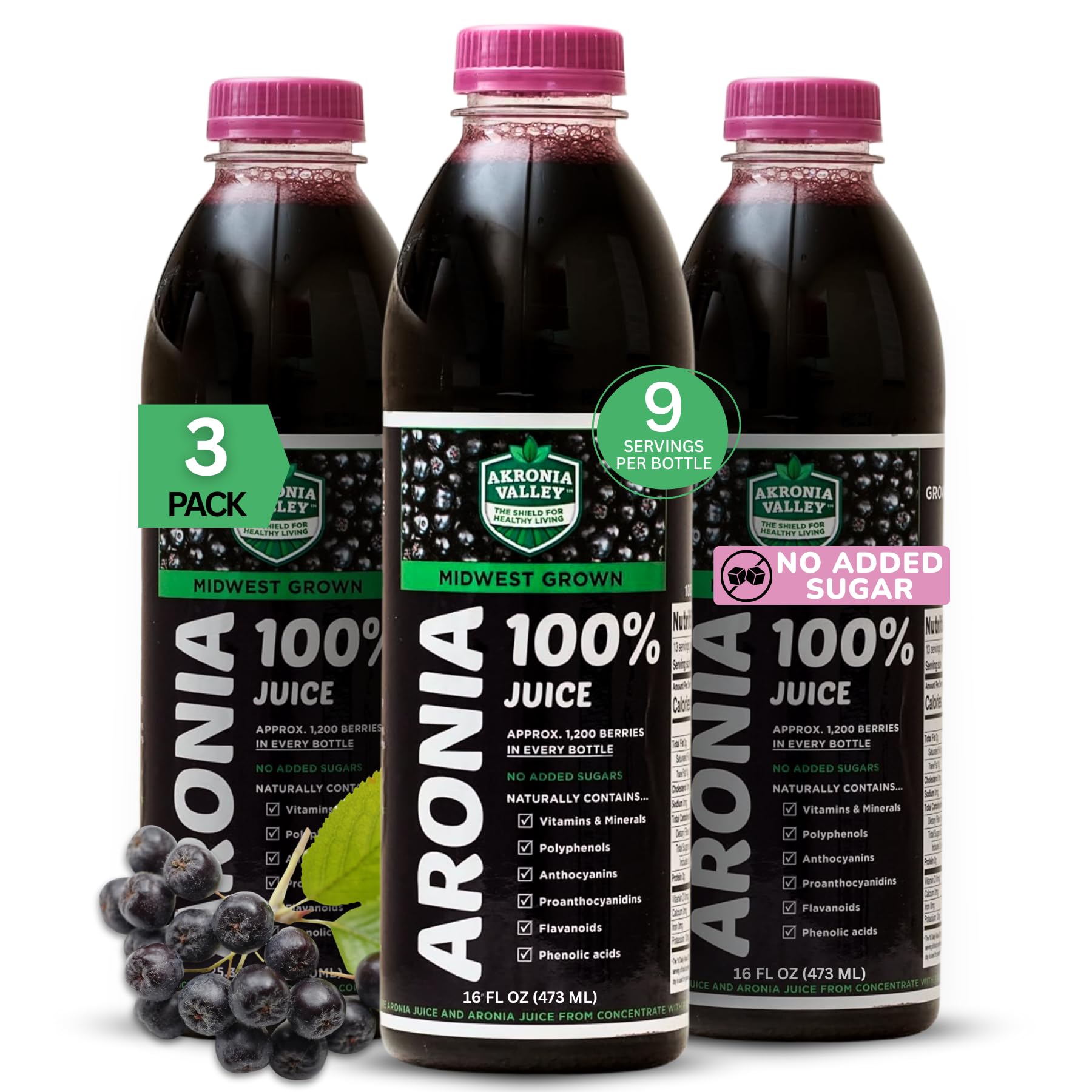 Front view of Akronia Valley Aronia Berry Juice bottle in a 16 oz pack of 3