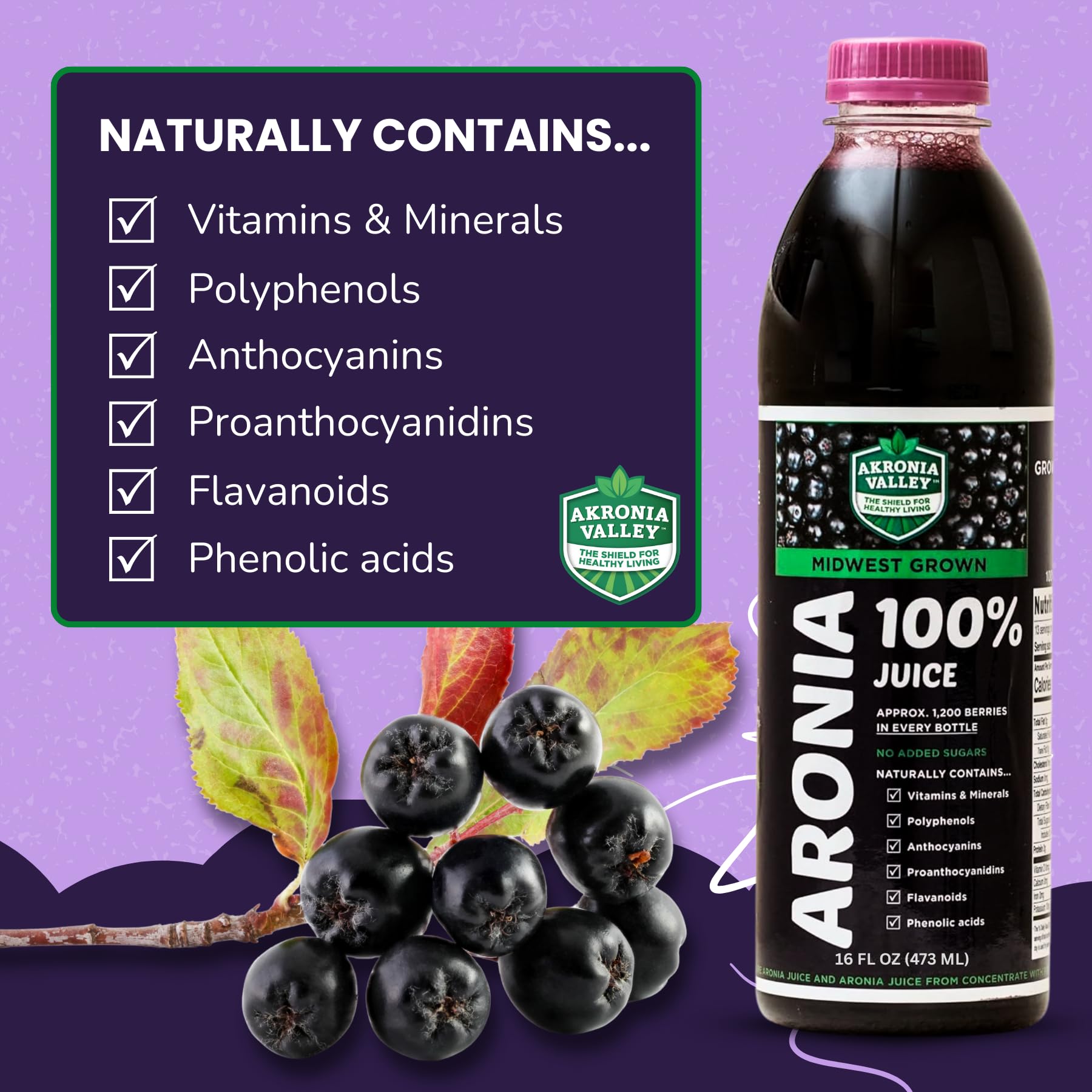 Product label for Akronia Valley 100% Aronia Berry Juice