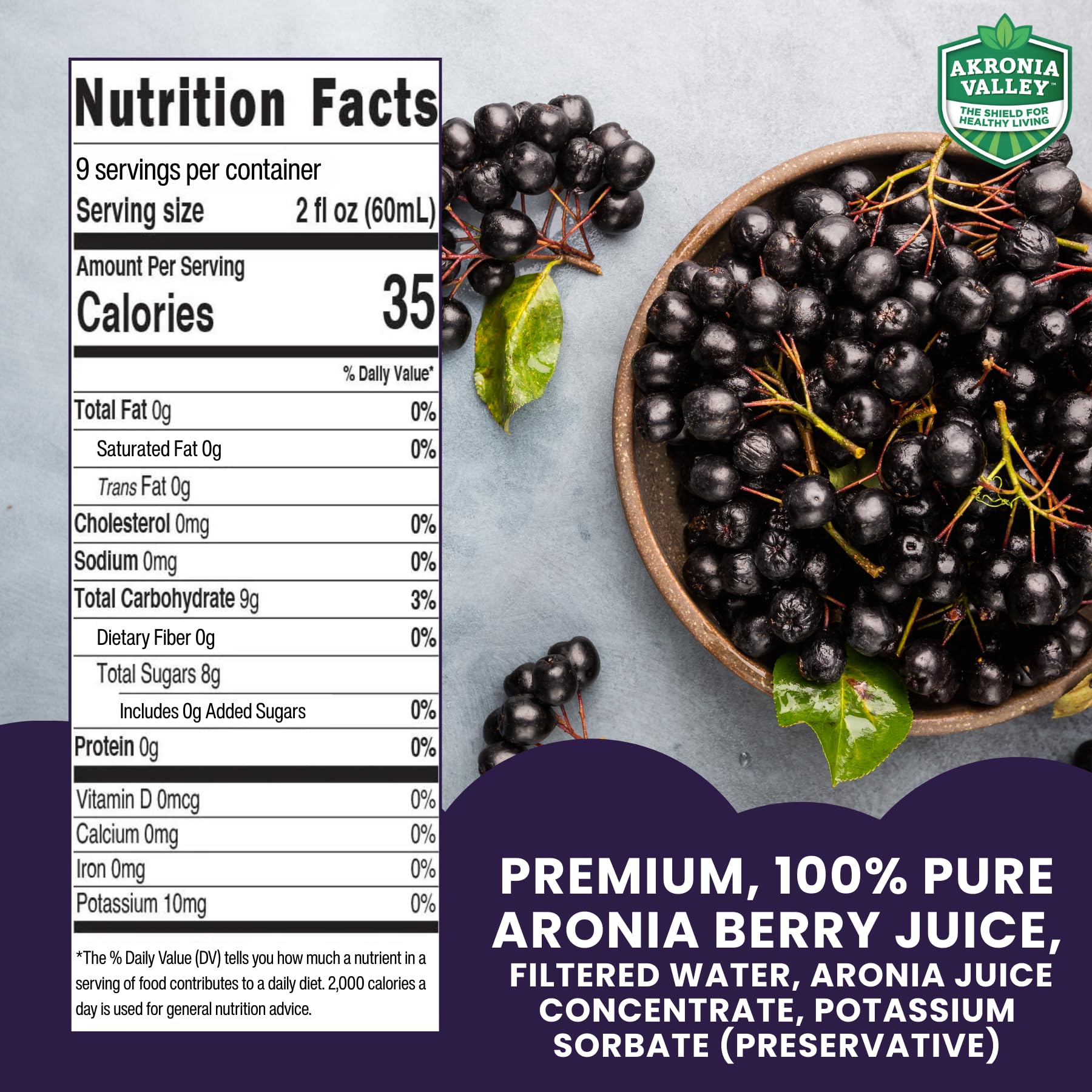 Nutrition facts panel for Akronia Valley Aronia Berry Juice