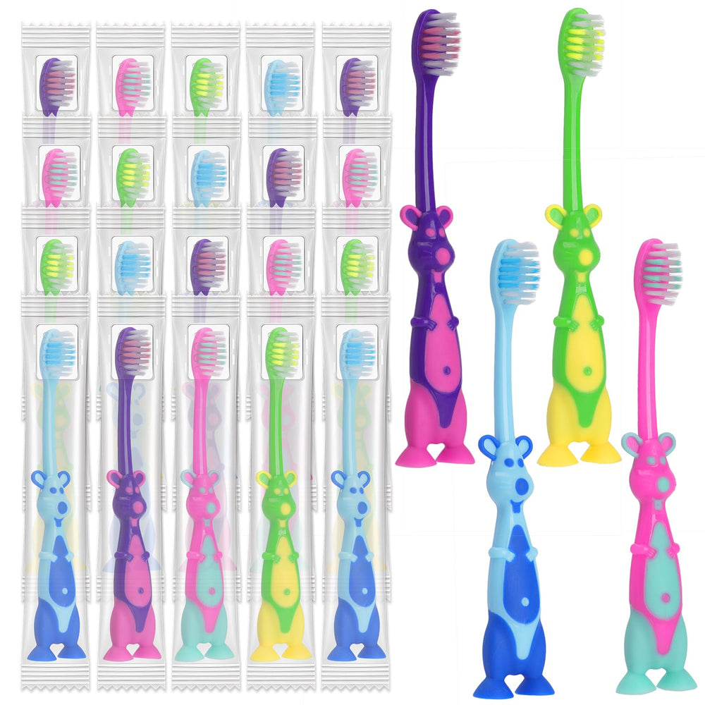 Blue kangaroo-designed kids toothbrush with soft bristles and suction cup
