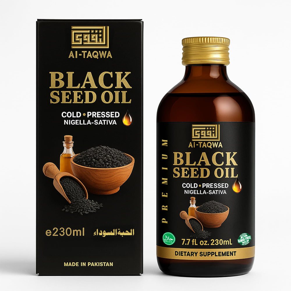 Front view of AL-TAQWA Black Seed Oil amber glass bottle (230ml)