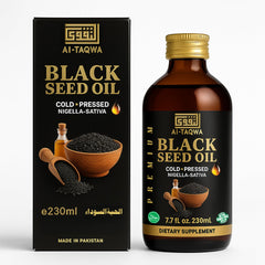 Front view of AL-TAQWA Black Seed Oil amber glass bottle (230ml)