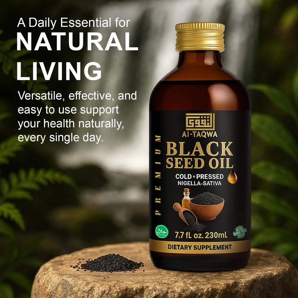 Side view of AL-TAQWA Black Seed Oil amber bottle with label