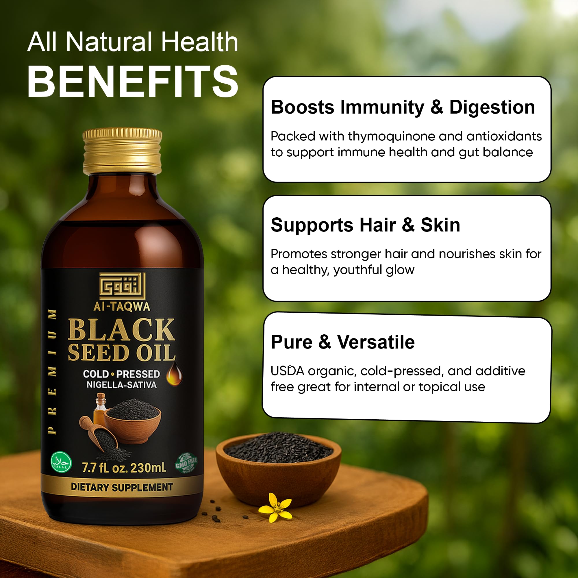 Graphic indicating cold-pressed production of AL-TAQWA Black Seed Oil