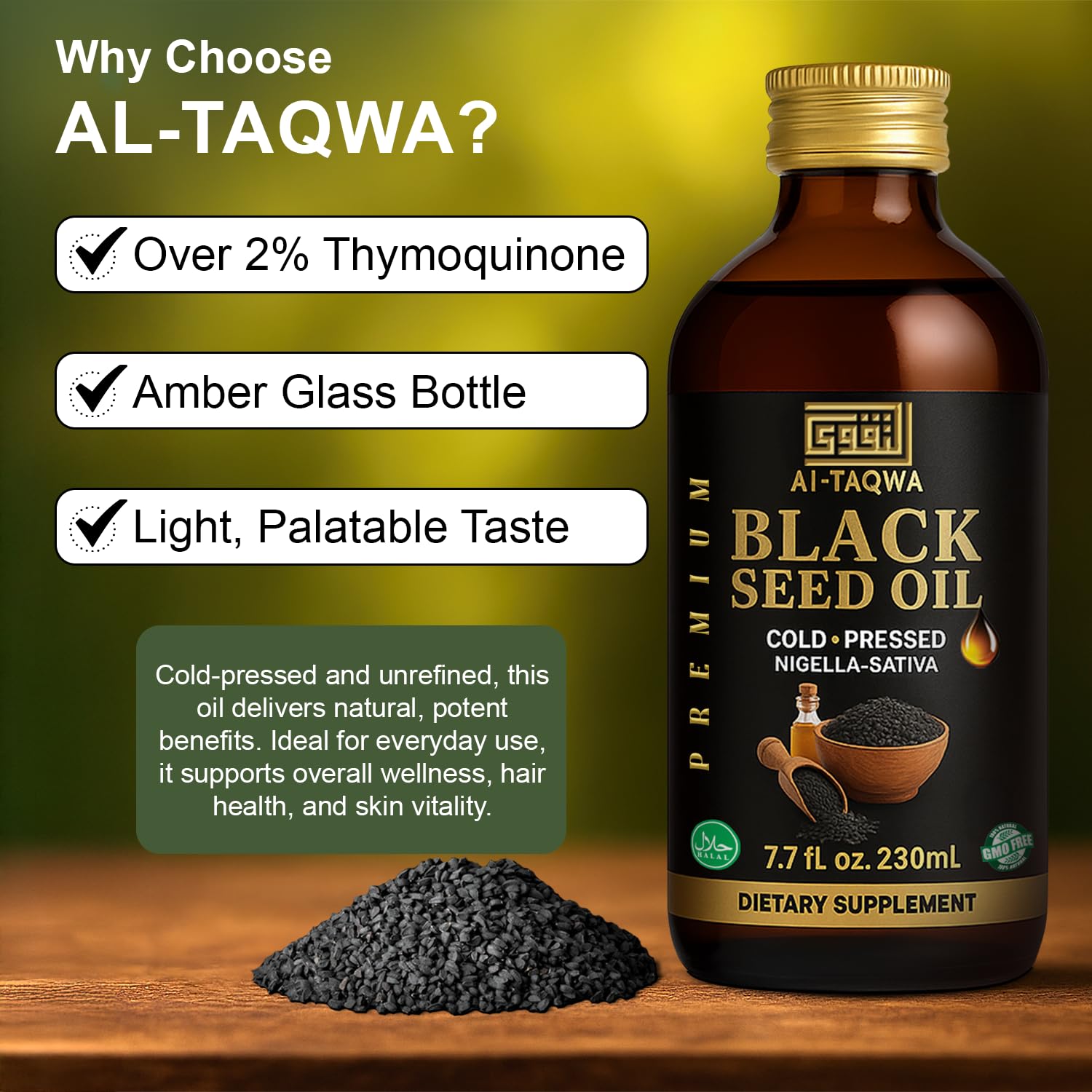 Packaging and bottle assembly for AL-TAQWA Black Seed Oil