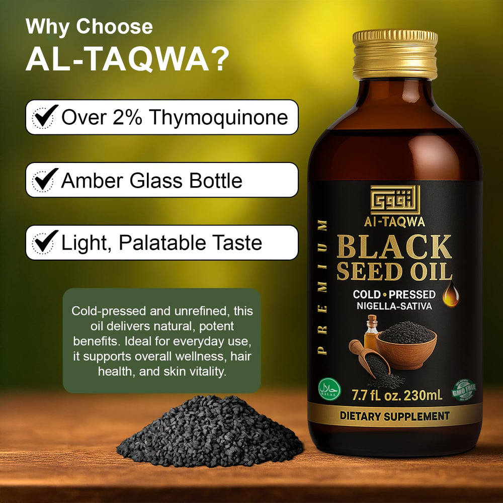 Packaging and bottle assembly for AL-TAQWA Black Seed Oil