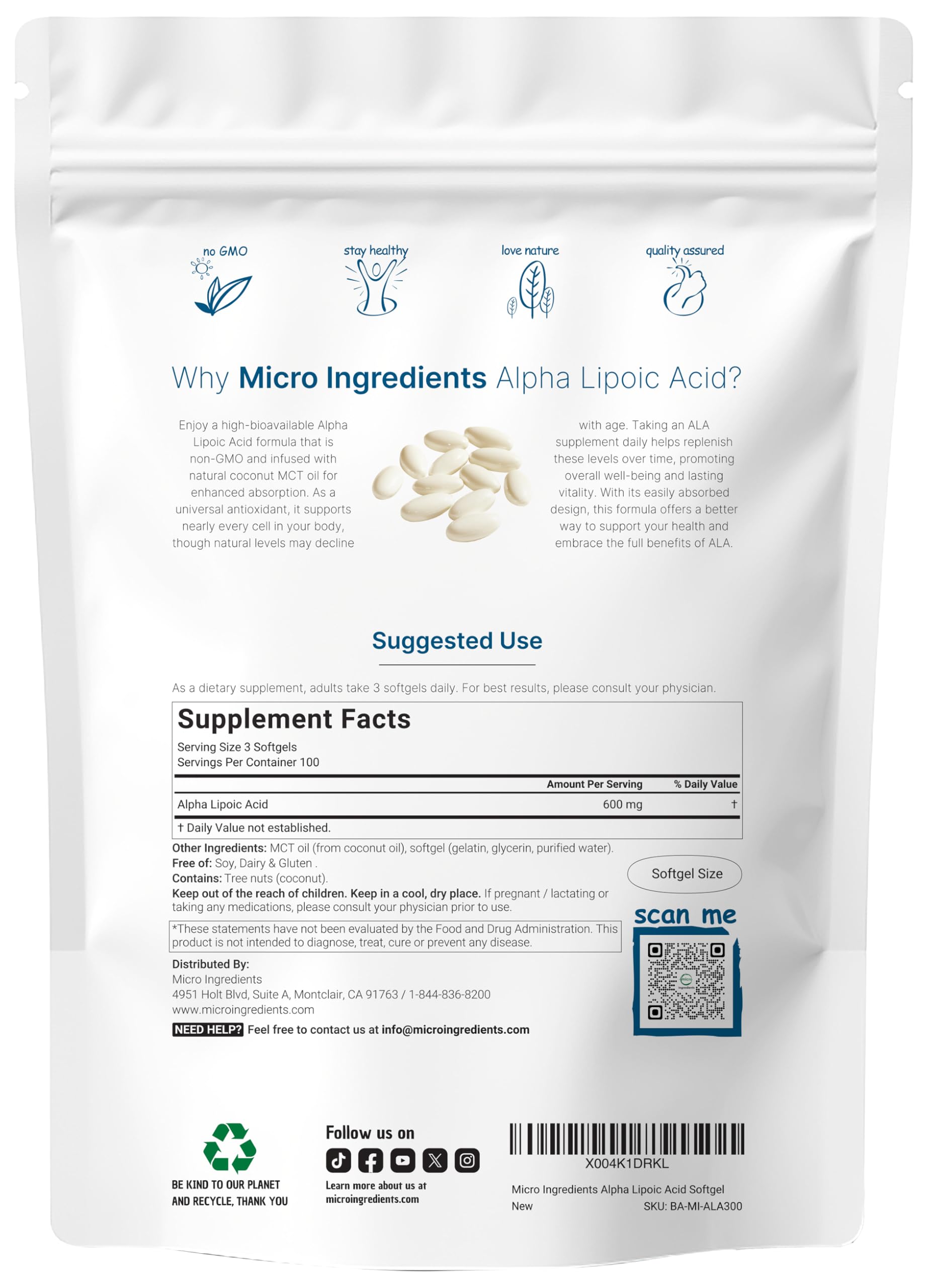 Close-up of Alpha Lipoic Acid 600mg softgels with MCT oil