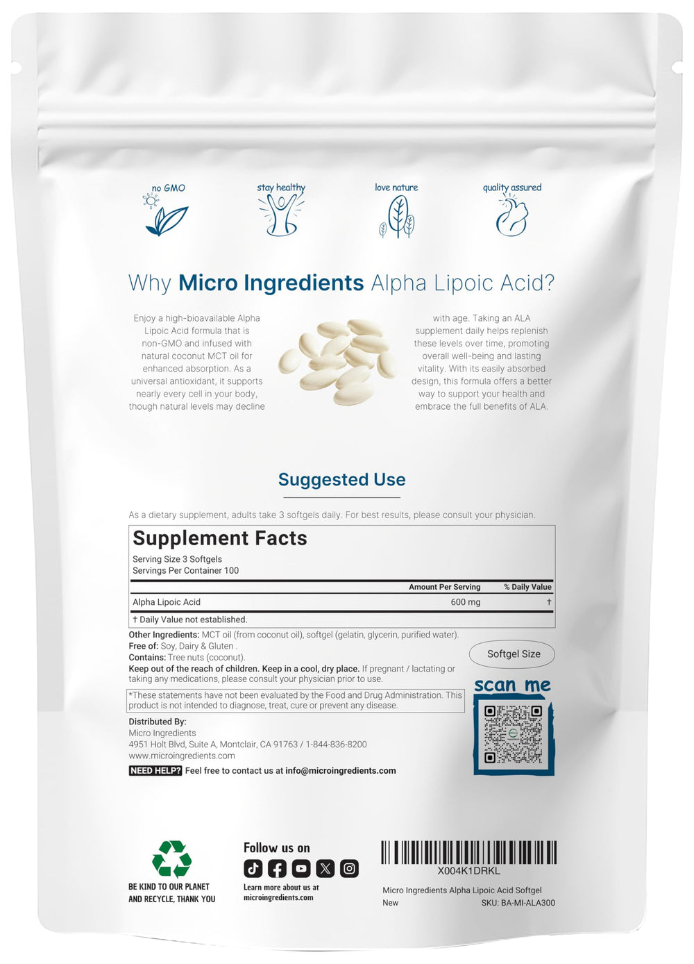 Close-up of Alpha Lipoic Acid 600mg softgels with MCT oil
