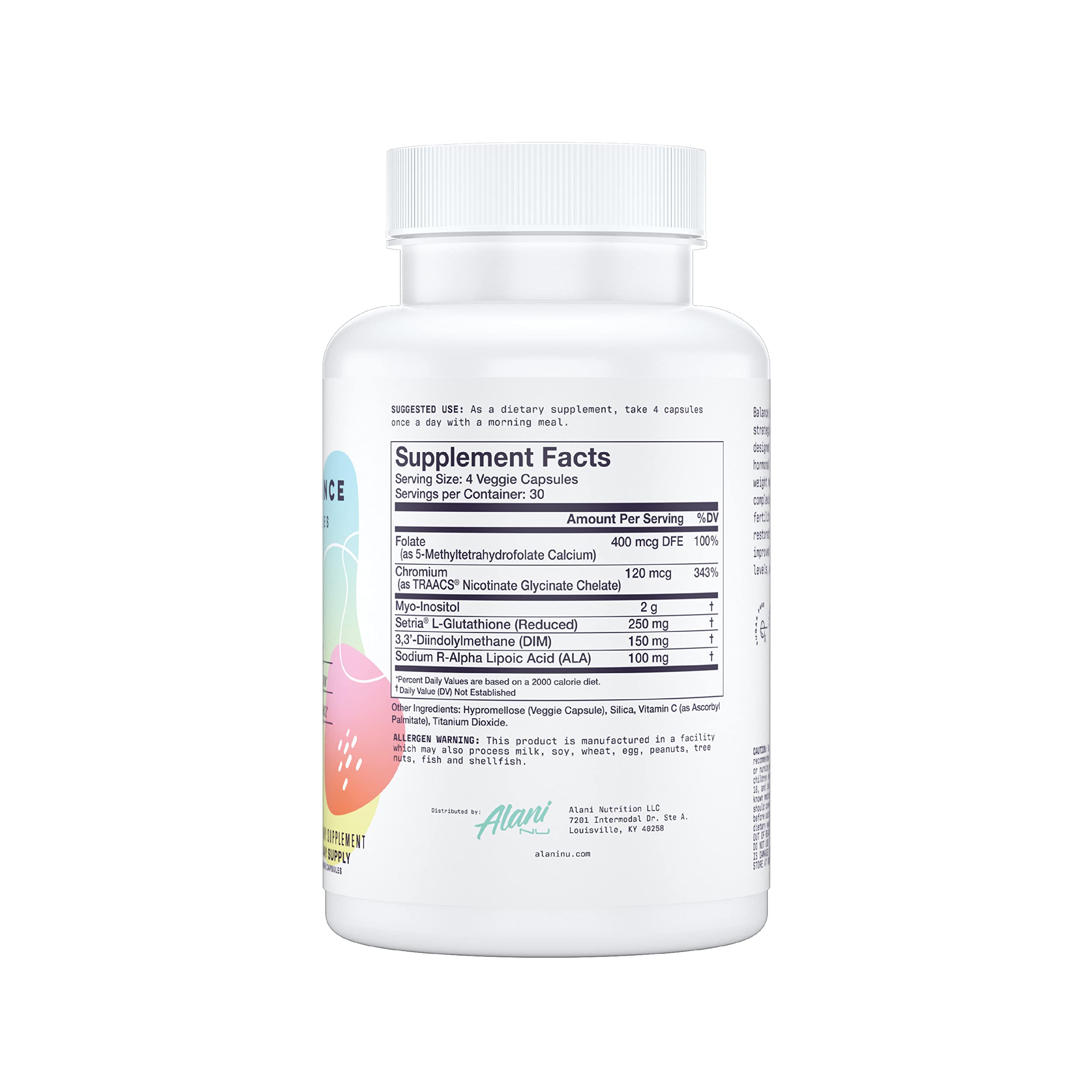 Side view of Alani Nu Hormonal Balance bottle on white background