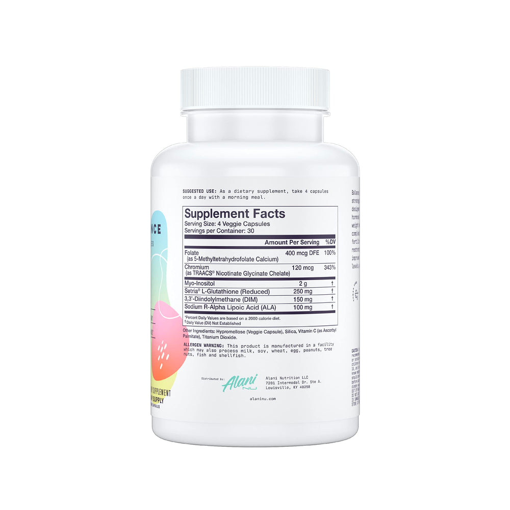 Side view of Alani Nu Hormonal Balance bottle on white background