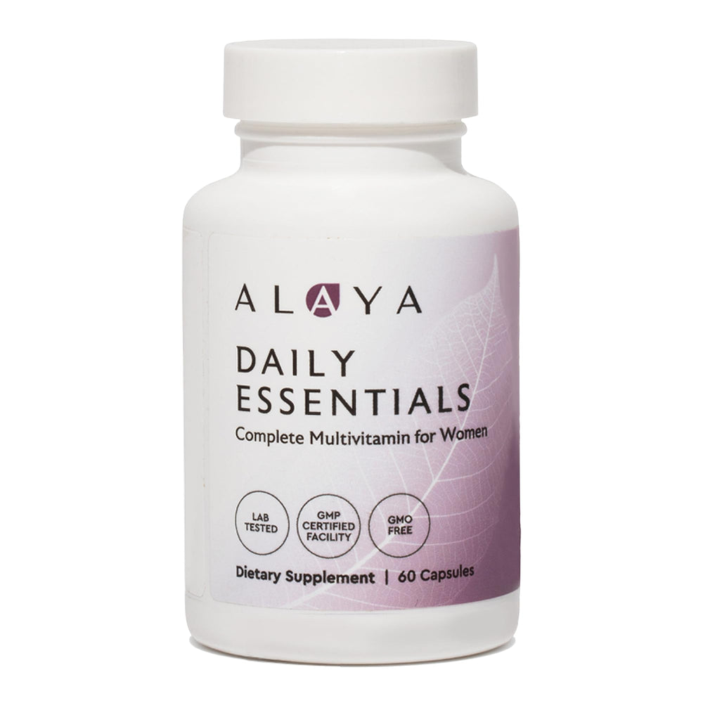 Alaya Naturals Daily Essentials Multivitamin for Women bottle on countertop