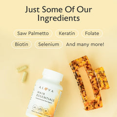 Key ingredients graphic: Biotin, Keratin, Folic Acid