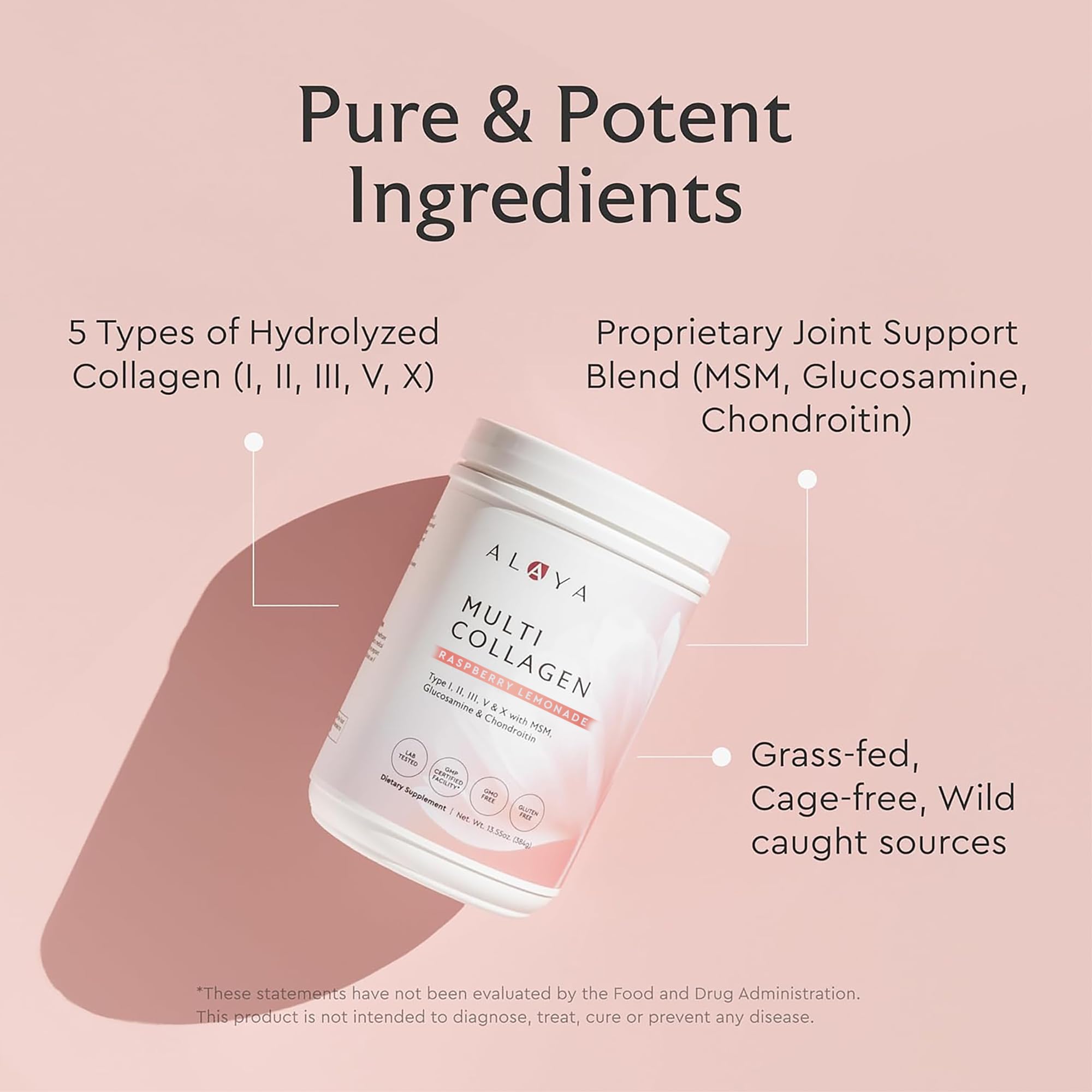 Alaya Multi Collagen Powder Raspberry Lemonade tub back label with nutrition