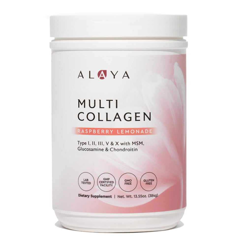 Alaya Multi Collagen Powder Raspberry Lemonade tub front label