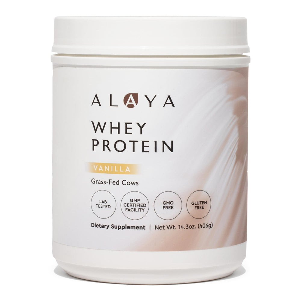 Alaya Naturals grass-fed whey vanilla canister highlighting clean protein for daily nutrition