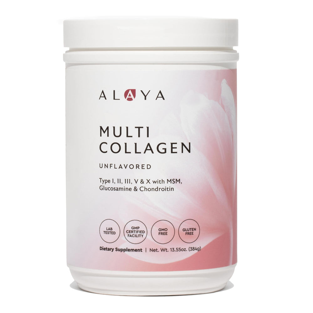 Alaya Naturals Multi Collagen Bottle; convenient daily use for balanced beauty and mobility.