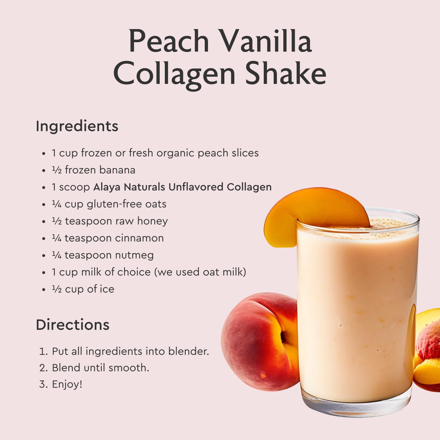 Alaya Naturals collagen powder in smoothie; convenient protein and texture boost.