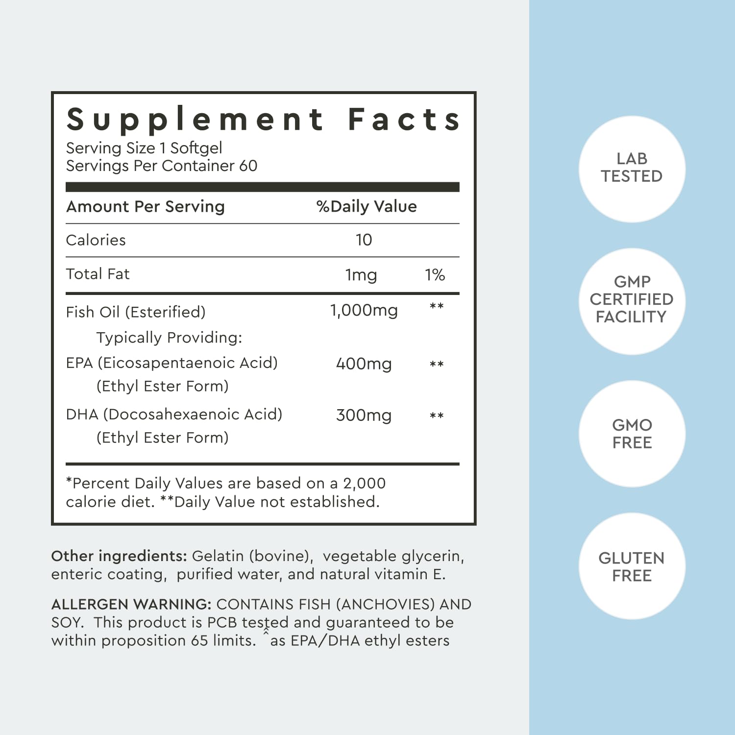 PCB tested and enteric coating information on bottle