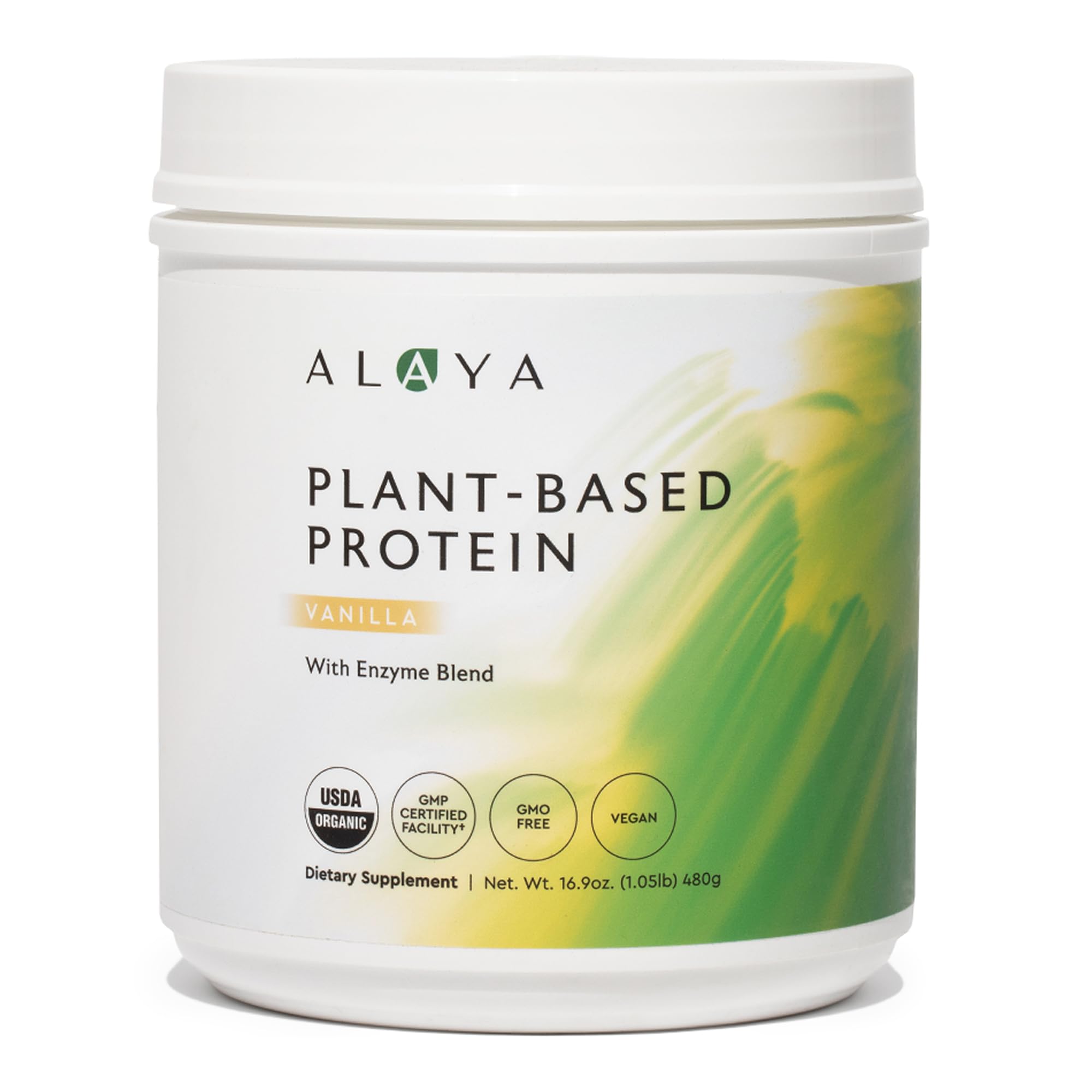 Alaya Naturals vanilla protein powder bottle for a convenient plant-based protein boost
