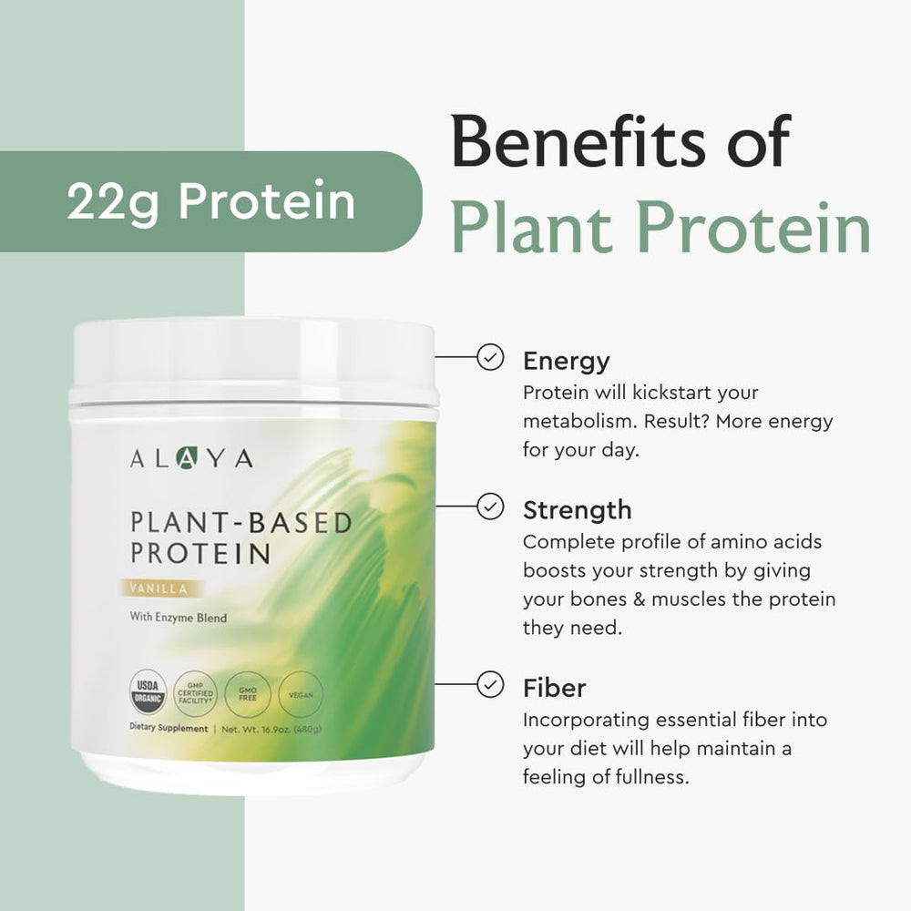 Alaya Naturals vanilla protein powder scoop demonstrating convenient serving size for smoothies
