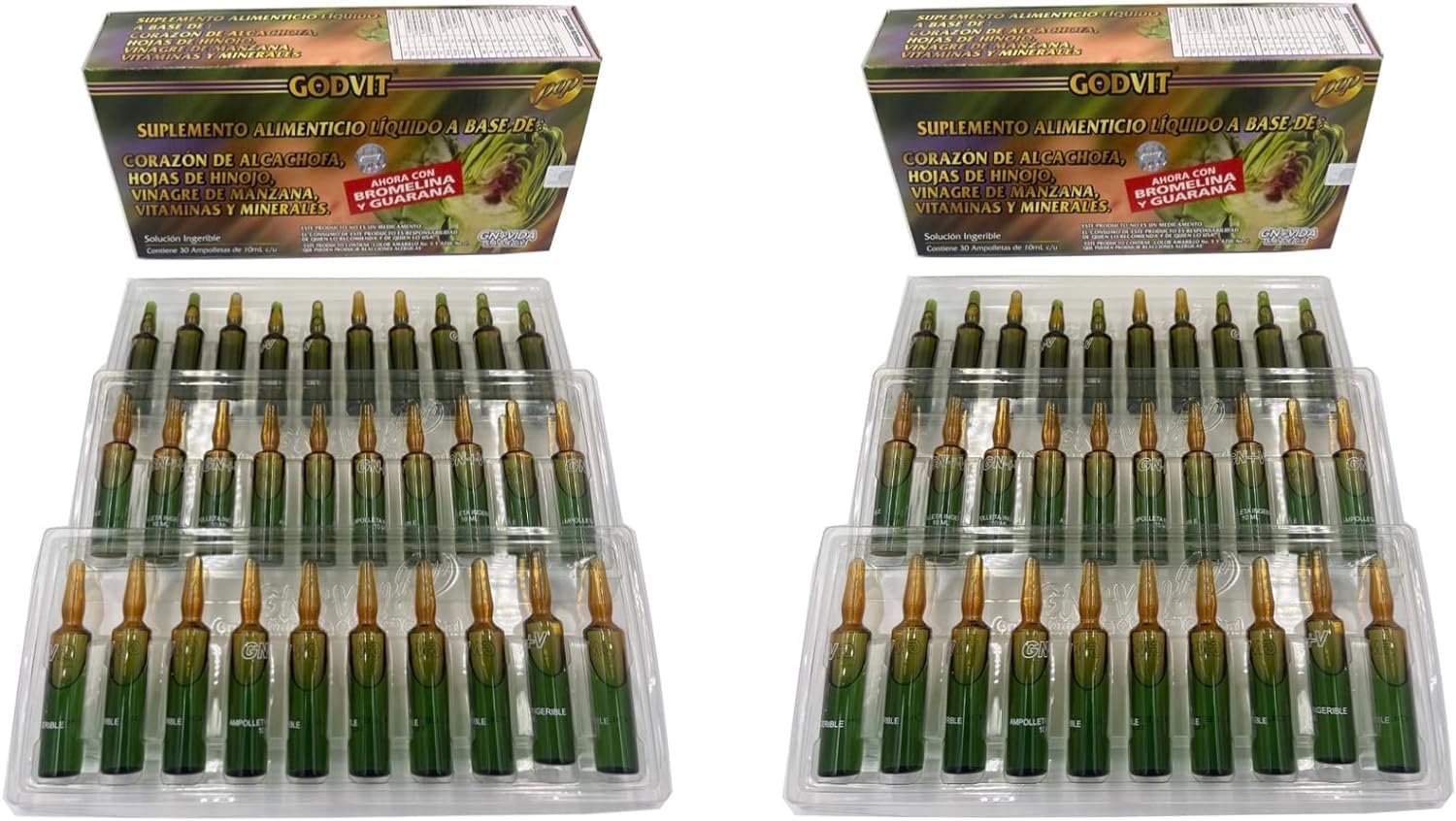 Close-up of Alcachofivida ampoules with liquid