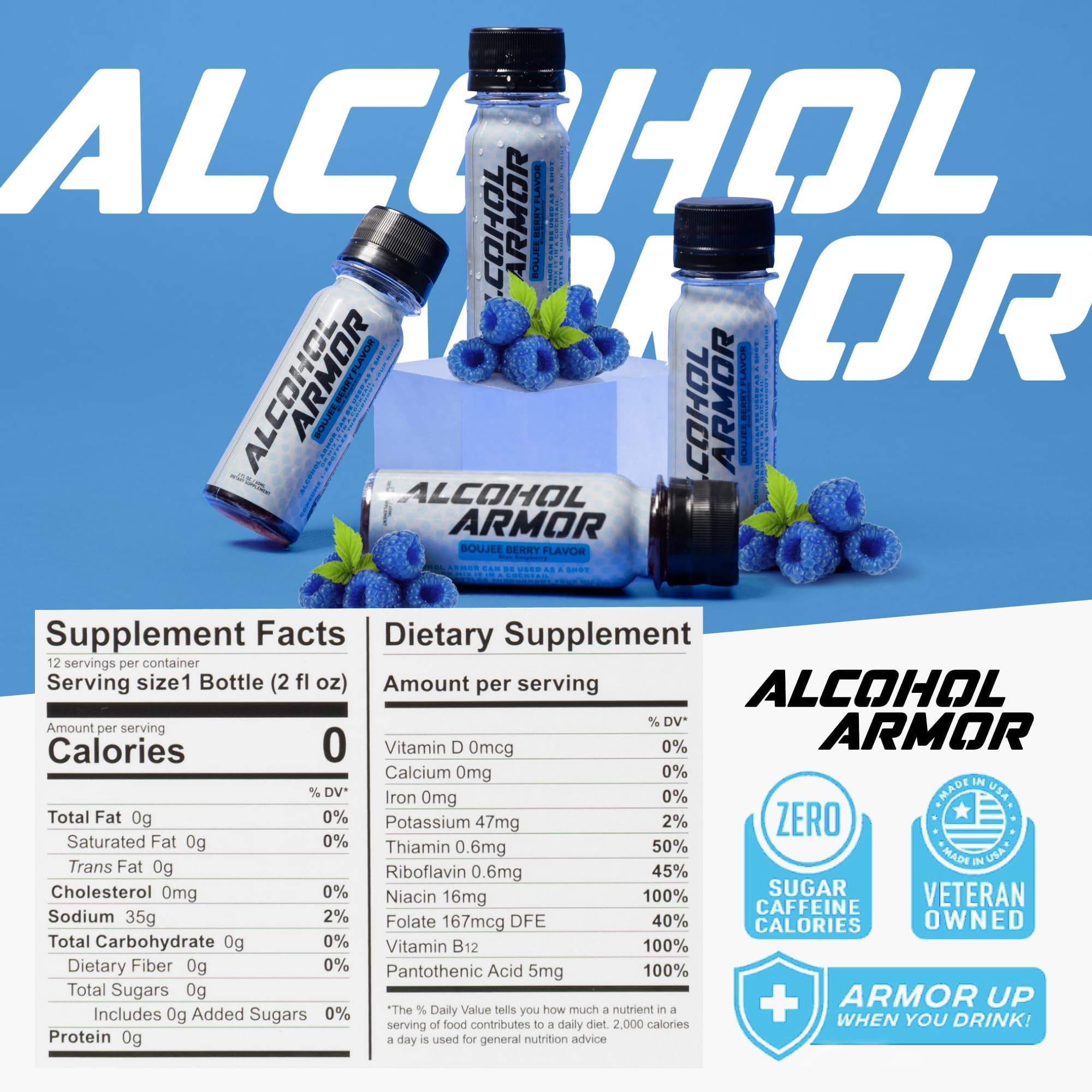 Alcohol Armor Recovery Shot bottle front shows dye-free formula for cleaner ingredients