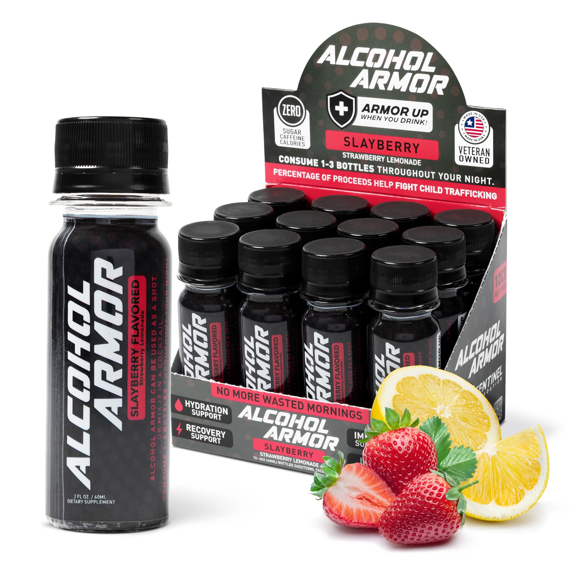 Alcohol Armor Recovery Shot bottle ready for a night out, highlighting dye-free hydration.
