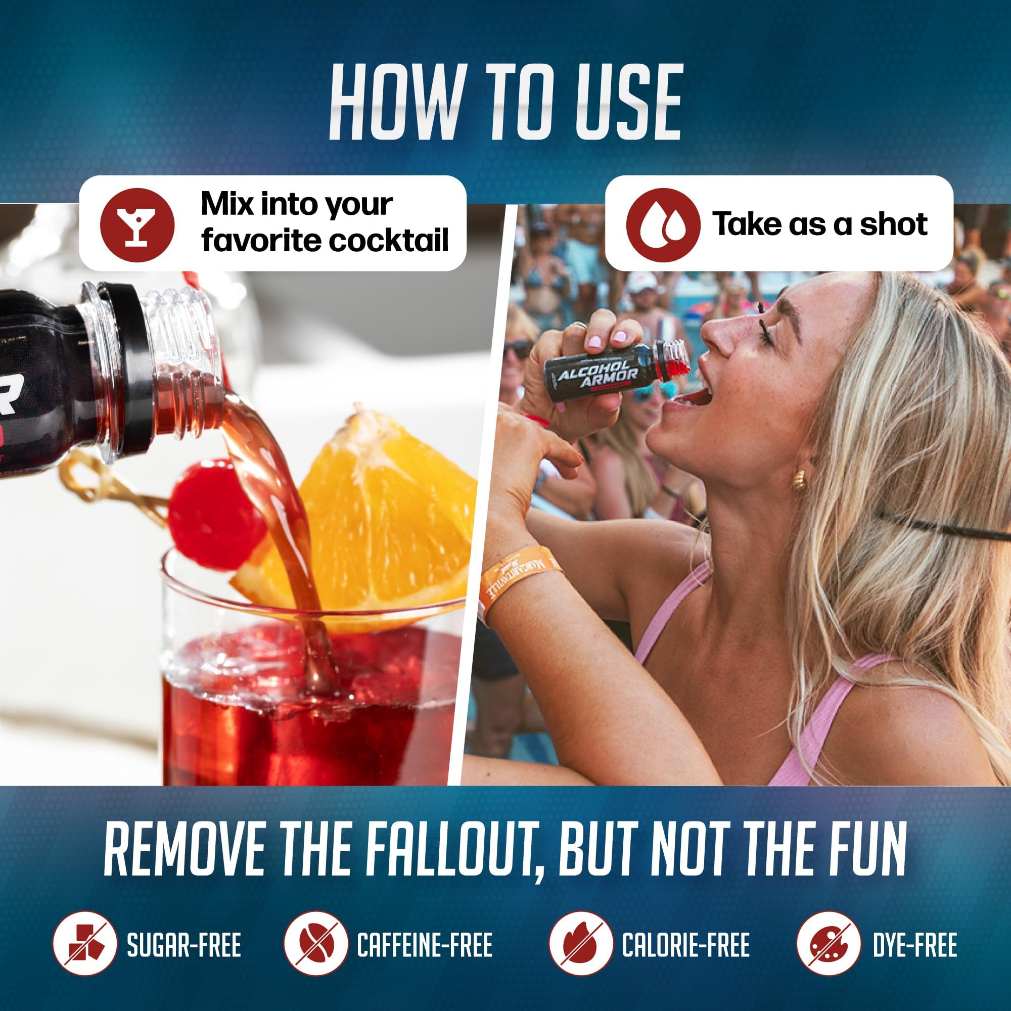 Alcohol Armor Recovery Shot morning-use setup with water beside signaling quick refreshment after celebrations.