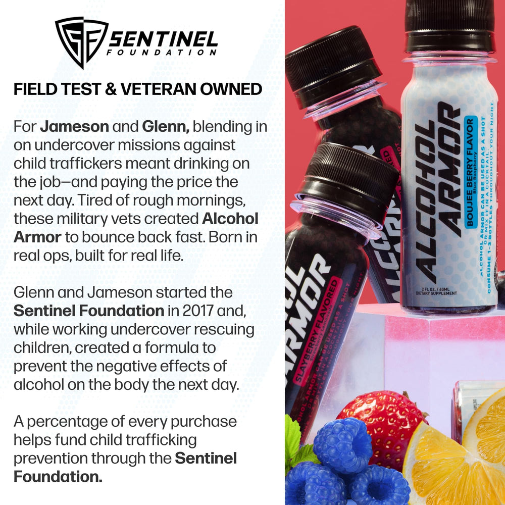 Alcohol Armor Recovery Shot packaging on shelf demonstrates compact, travel-friendly design.