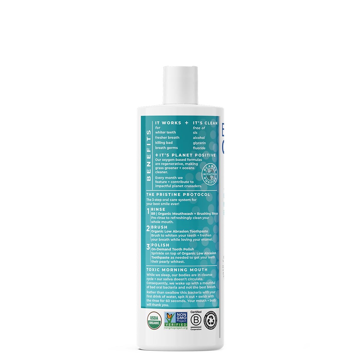 Alcohol-free mouthwash label for Essential Oxygen BR