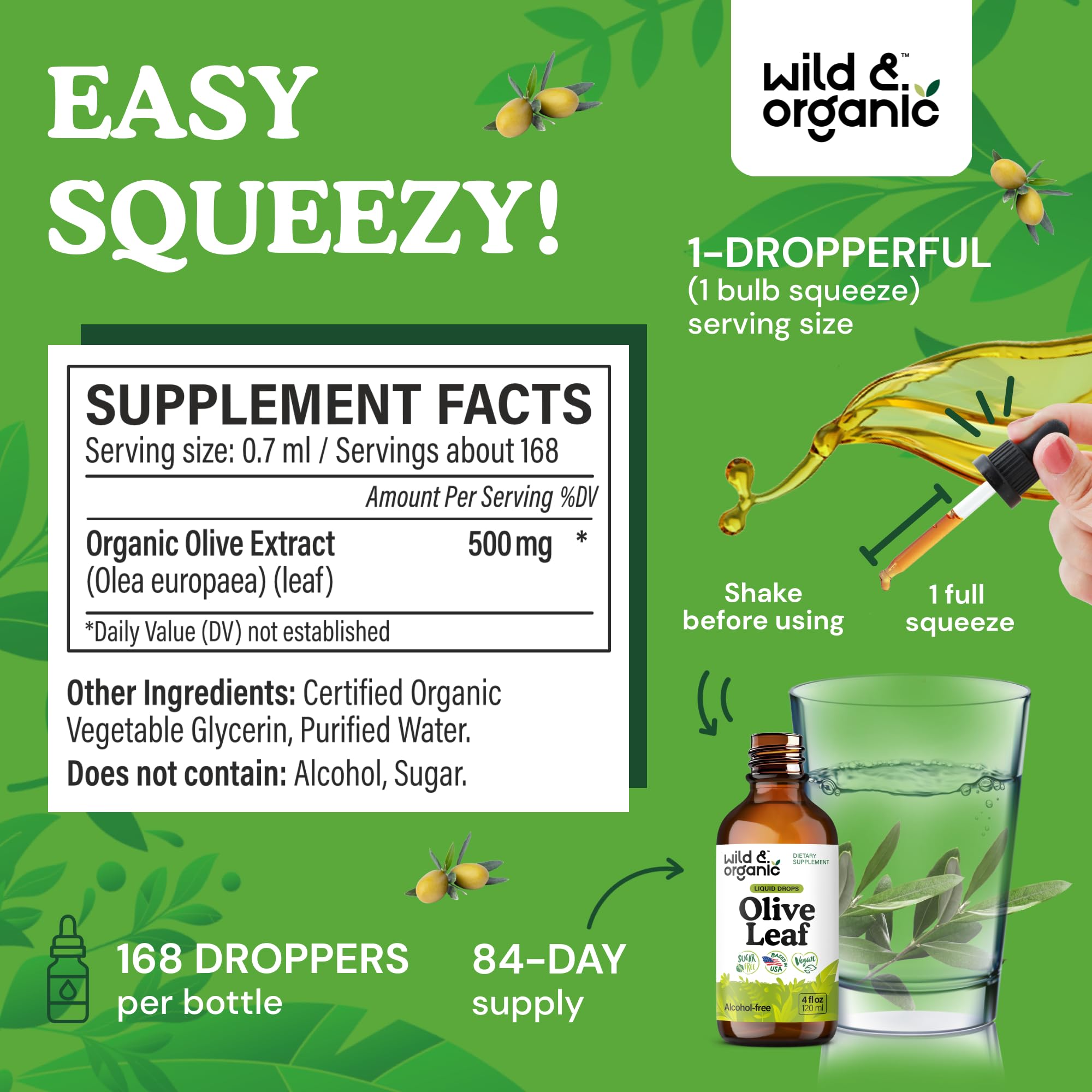 Dropper dispensing alcohol-free olive leaf tincture