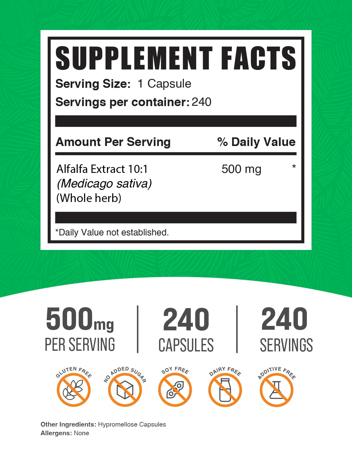 Gluten-free alfalfa extract capsules label
