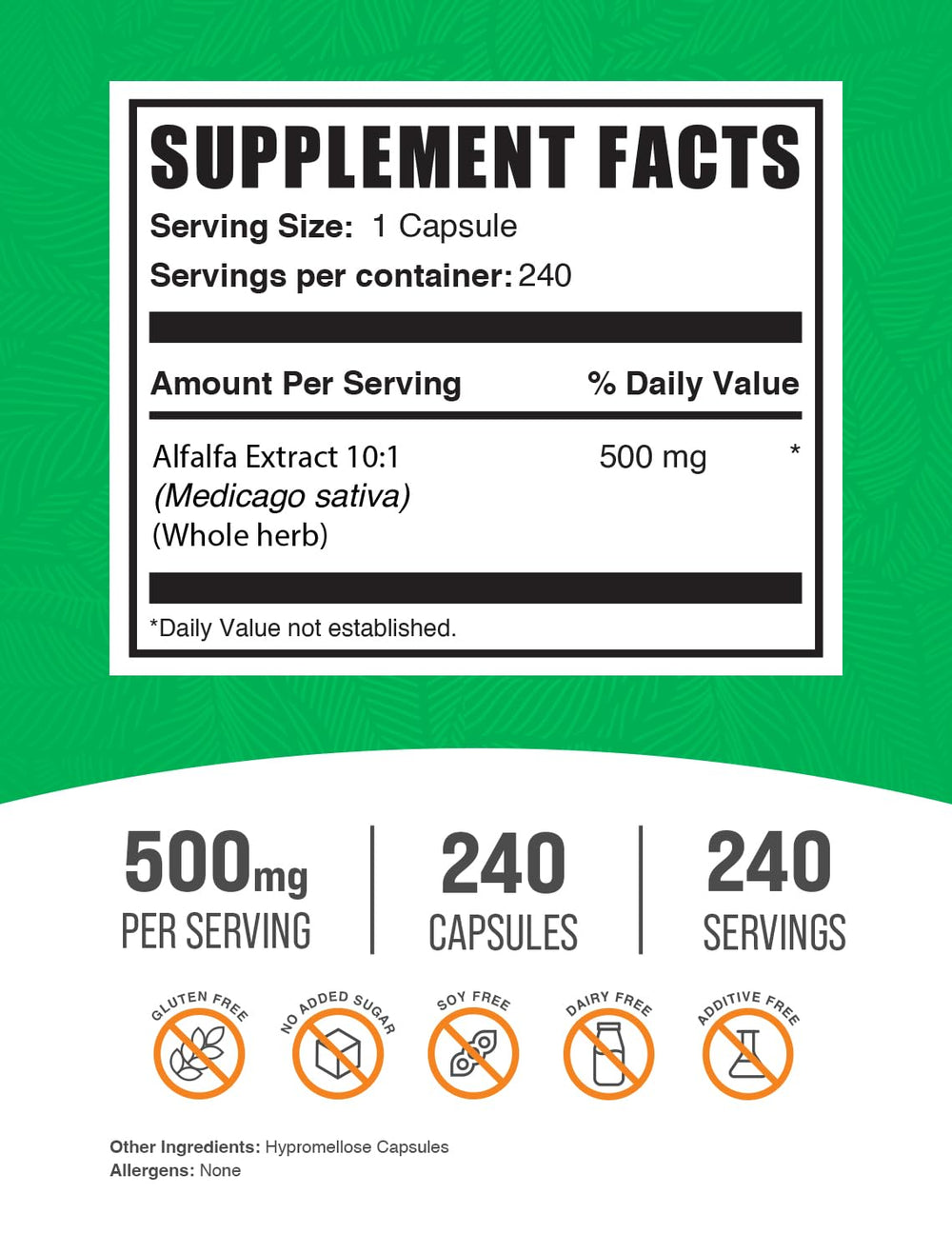 Gluten-free alfalfa extract capsules label