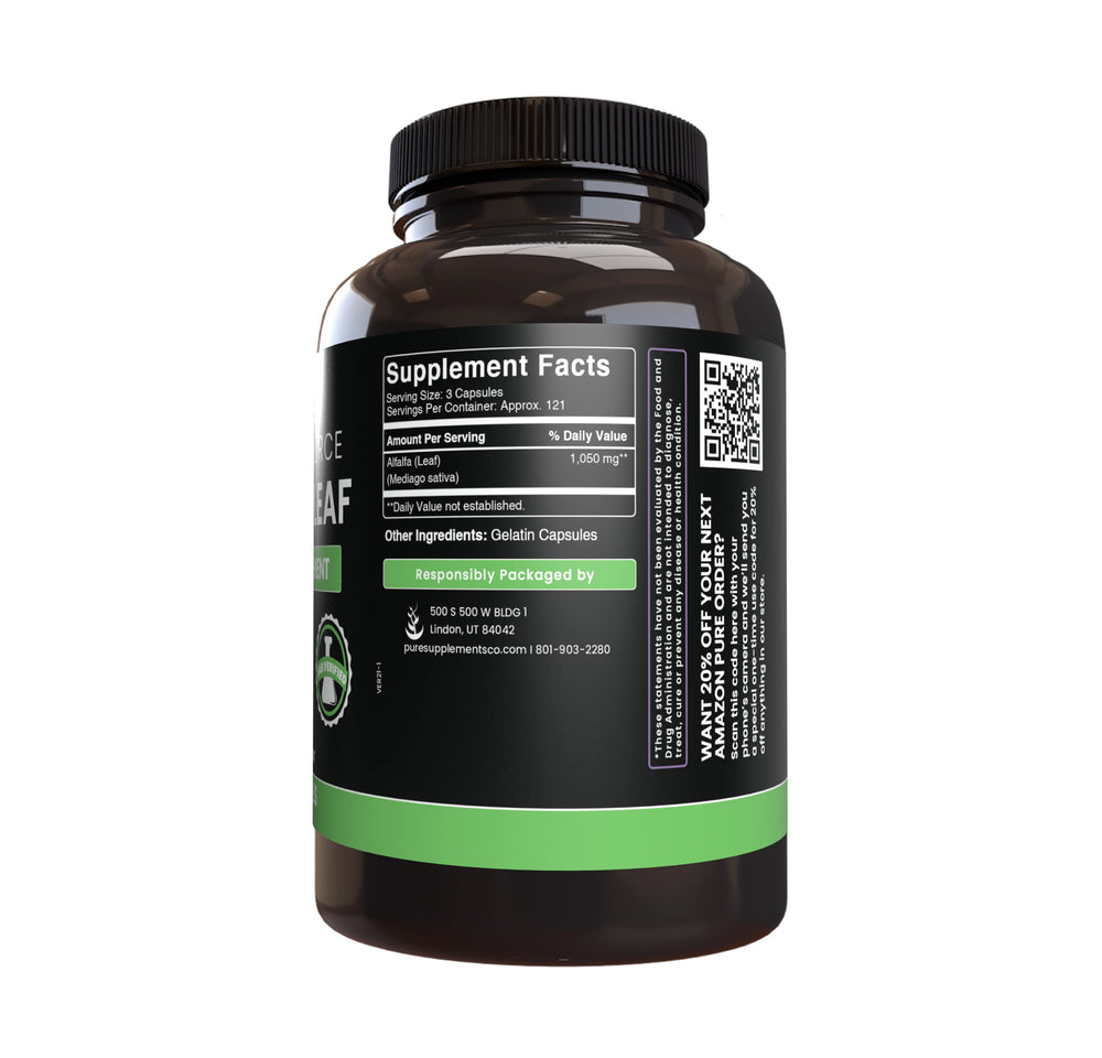 Alfalfa leaf capsules packaging and bottle