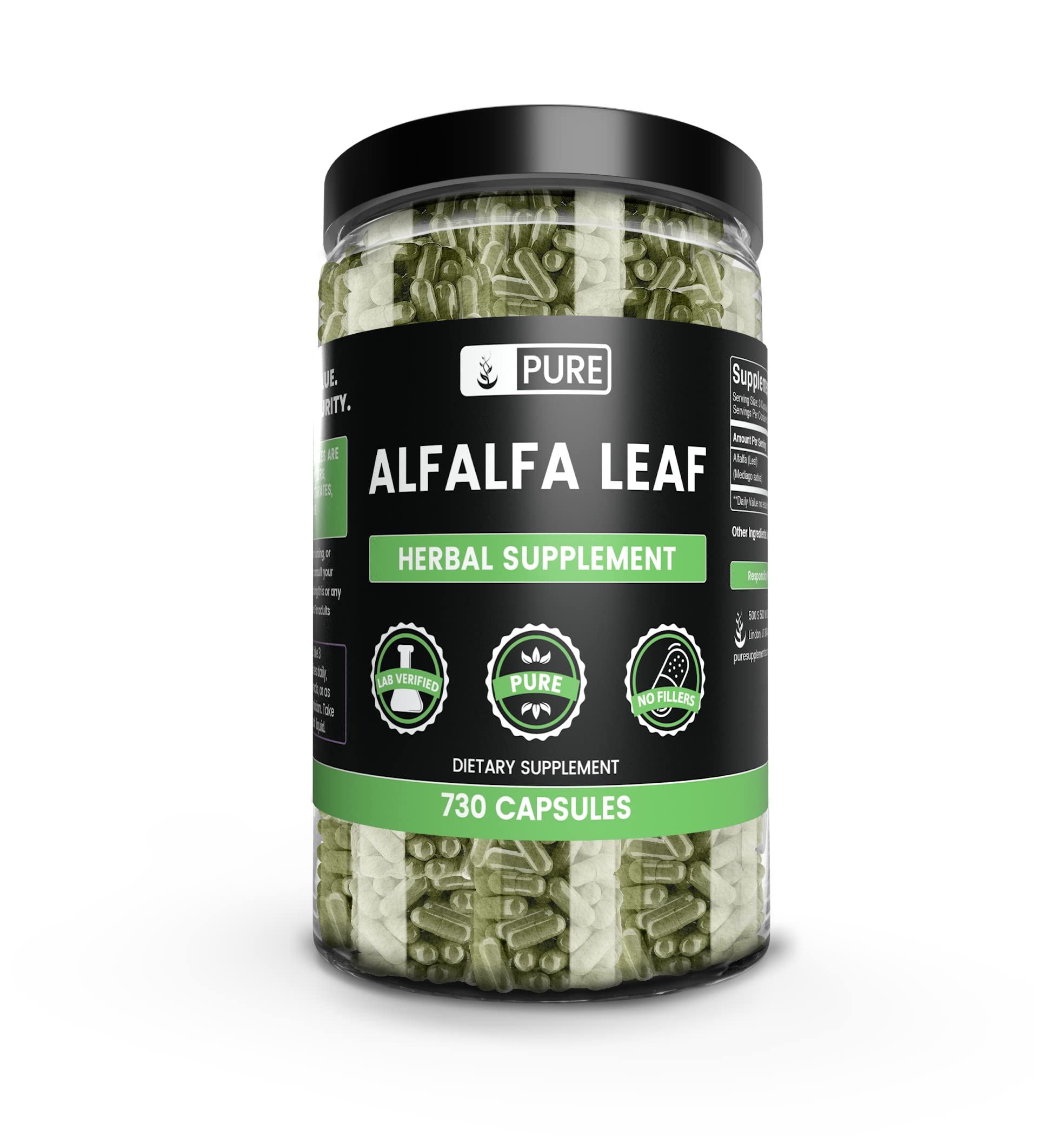 Alfalfa leaf capsules bottle label showing 730-count