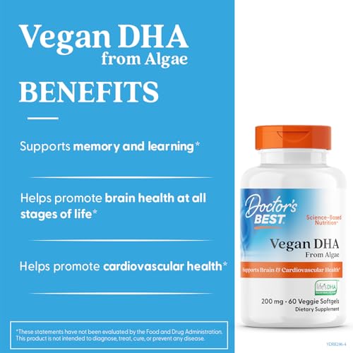 Doctors Best vegan DHA algae softgel closeup emphasizes plant-based omega-3 source.