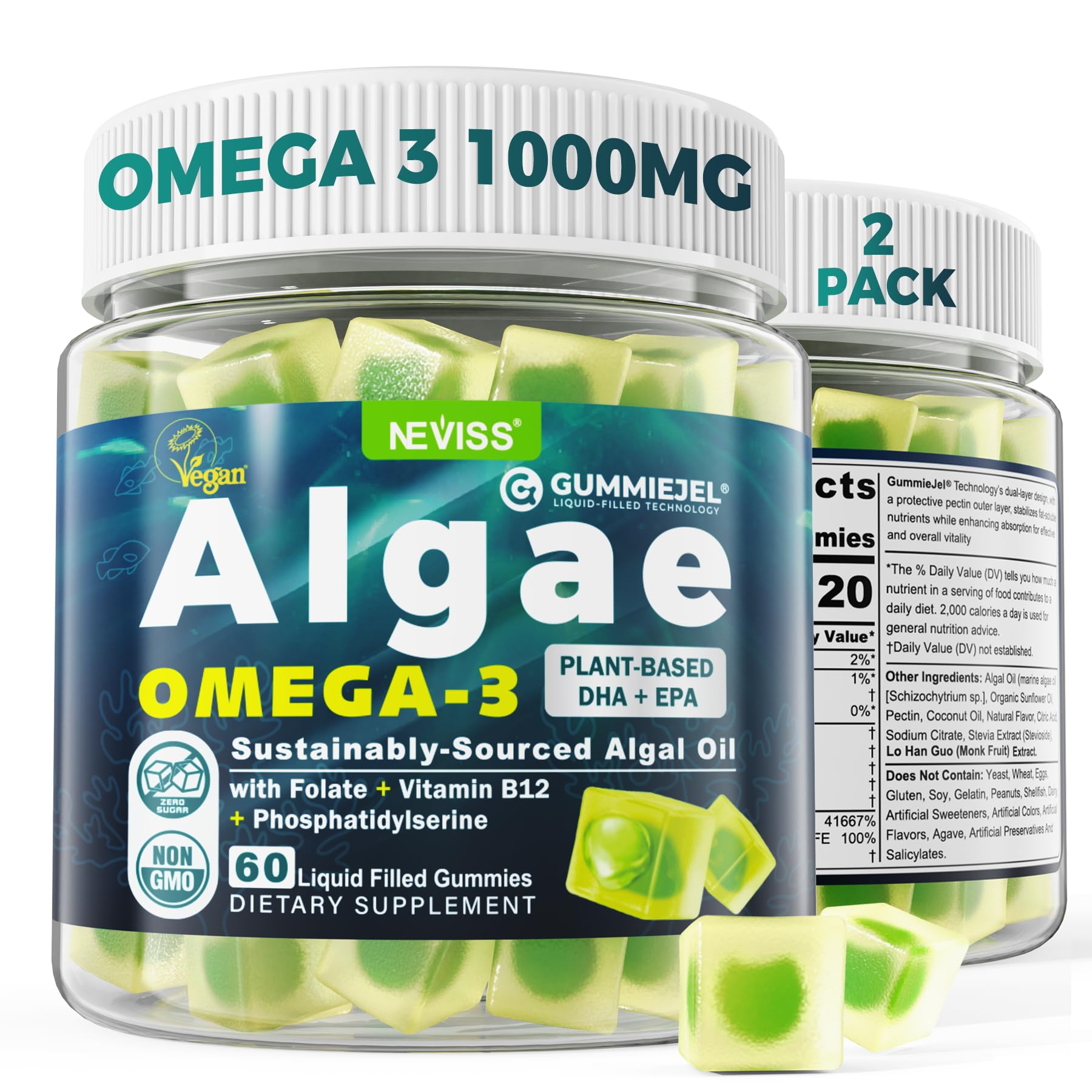 Front view of 2-pack Algae Omega-3 Gummies bottle
