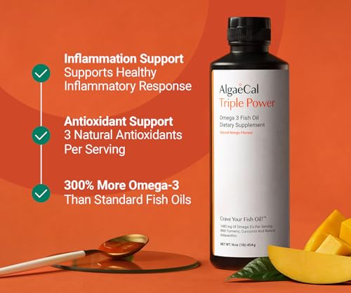 Close-up of mango-flavored liquid omega-3 emulsion bottle