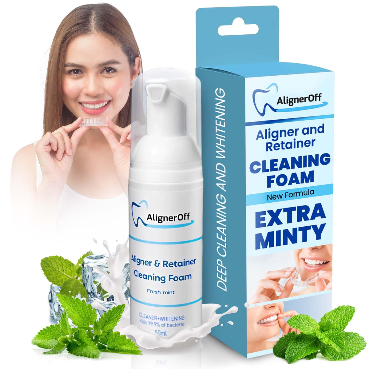 Front packaging of AlignerOff White Foam Cleaner 50ml
