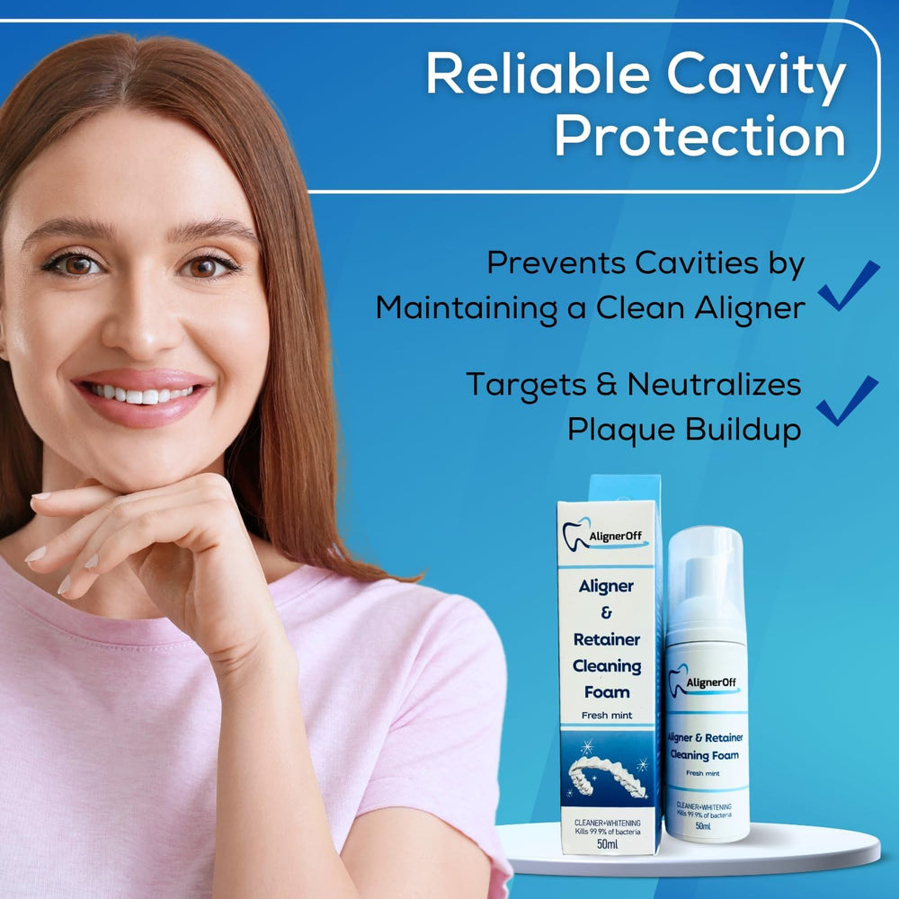 Aligners, retainers, and dentures cleaned with AlignerOff foam