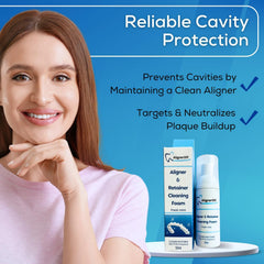 Aligners, retainers, and dentures cleaned with AlignerOff foam