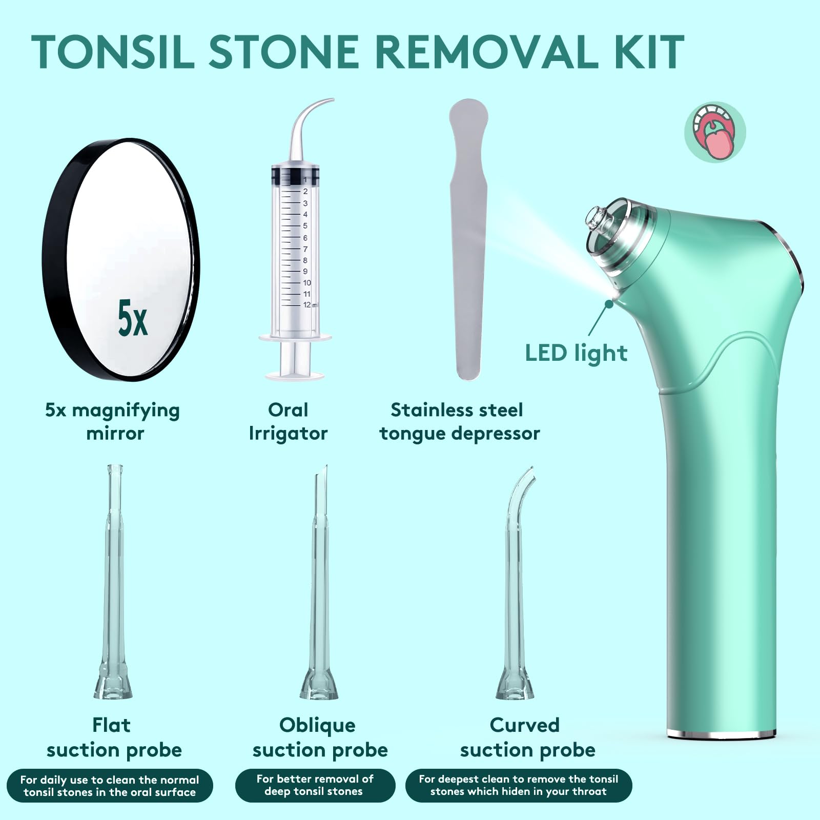 Green color Alitake vacuum tonsil stone removal kit