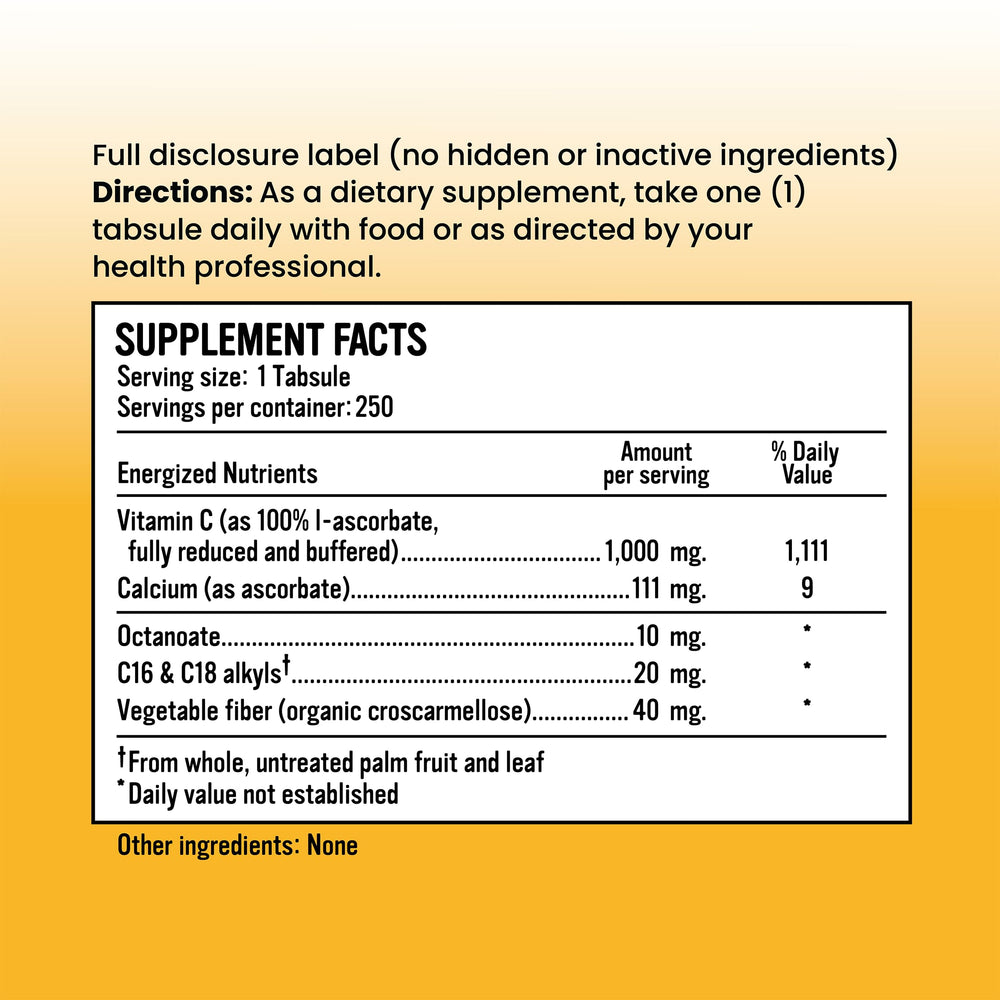 Alkalini-C Tabs nutrition label showing Vitamin C as L-ascorbate