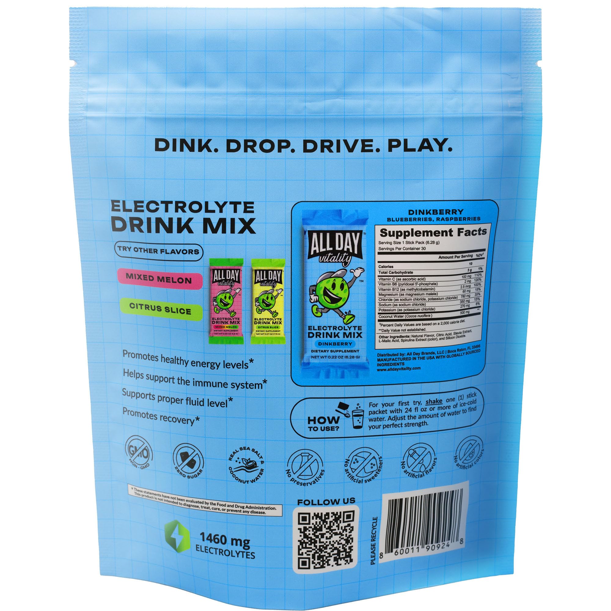 ALL DAY Vitality Dinkberry nutrition facts highlight non-GMO and zero sugar formulation.